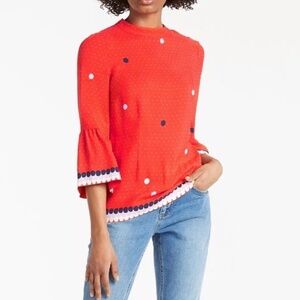 Boden Women's Armelle Red Dot Blouse, 3/4 Length Sleeve, Mock Neck, Size 2